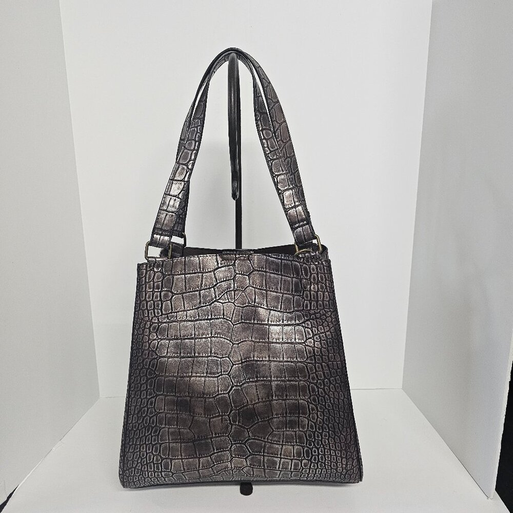 Cato Expandable Tote Bronzed Purple Gray Croc Embossed Office Faux Leather